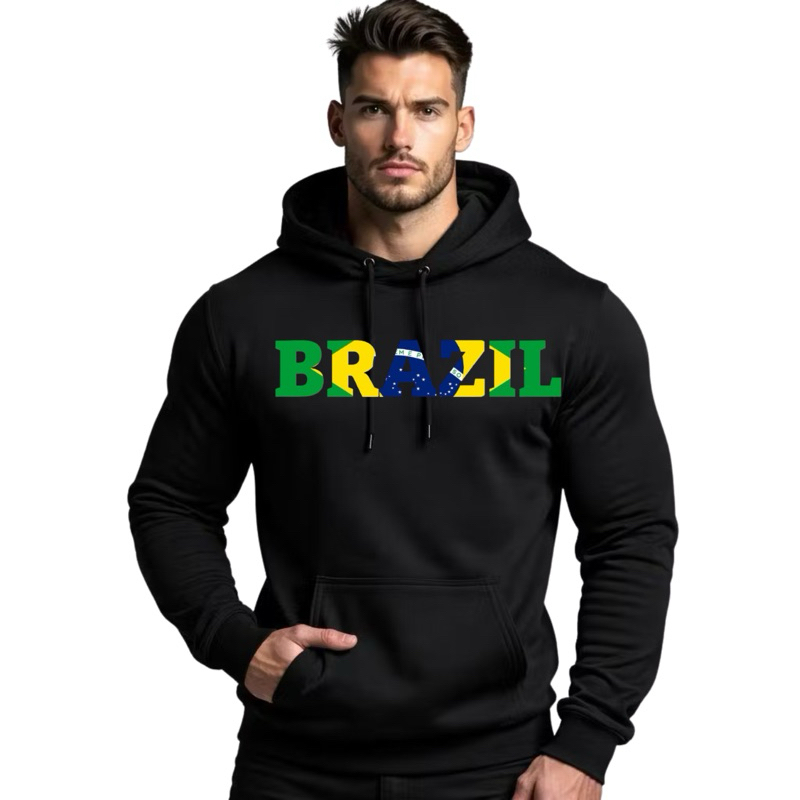 BLUSA DE FRIO MOLETOM CANGURU Brazil CASACO COM BOLSOS LATERAIS COM CAPUZ CORDÃO DE AJUSTE ESTILOSO FLANELADO LANÇAMENTO