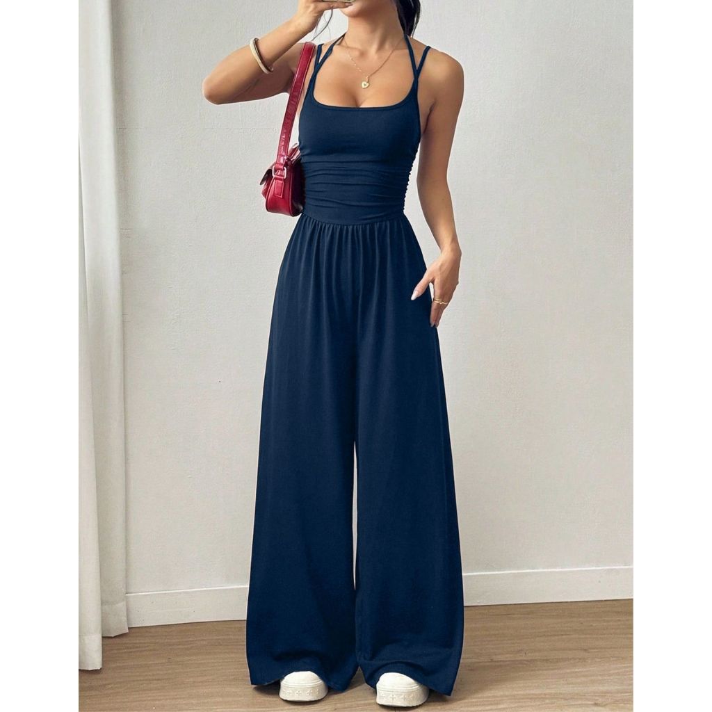 Macacão Feminino Longo Elegante Pantalona Drapeado Look Dia Dia Moderno Tendência