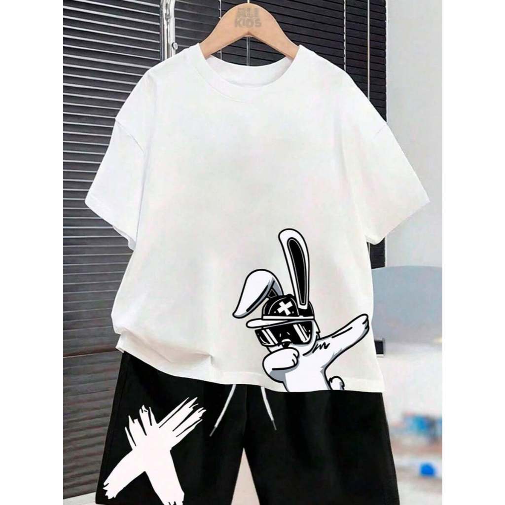 Conjunto Infantil Menino Camiseta E Short Estampado Coelhinho Streetwear Algodão Conforto Bermuda