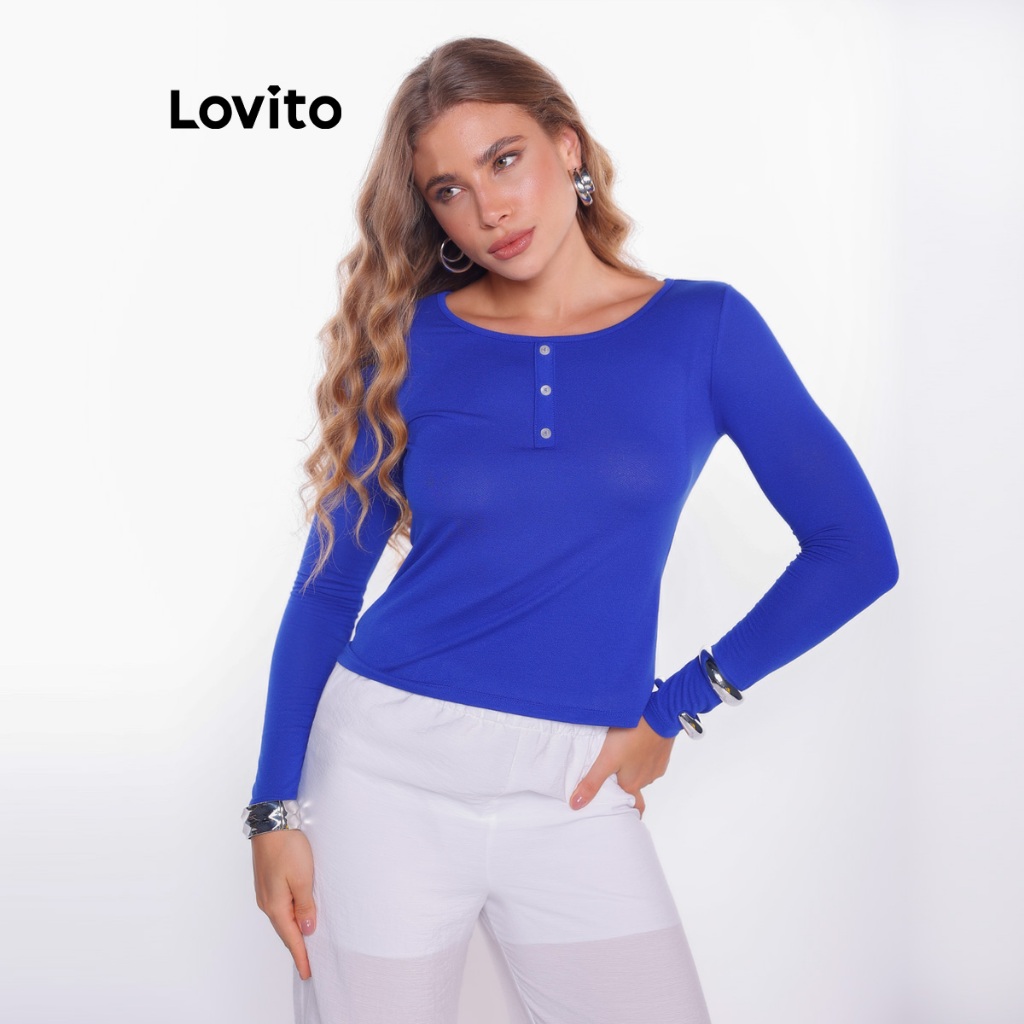 Lovito Blusa Casual Feminina Manga Longa com Botões BLB16941724 em Oferta na Shopee