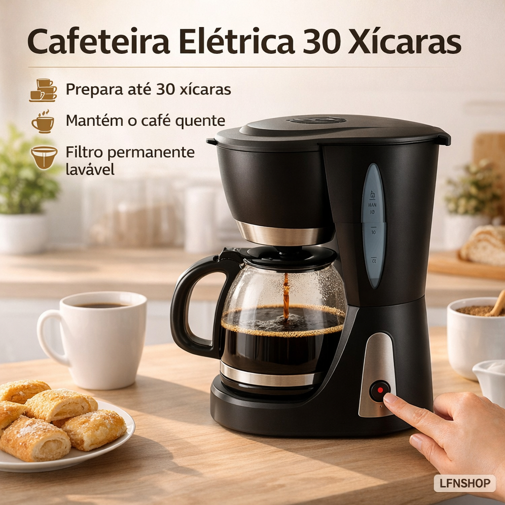 Cafeteira Elétrica 30 Xícaras 127V Grande Capacidade Jarra Vidro Filtro Permanente