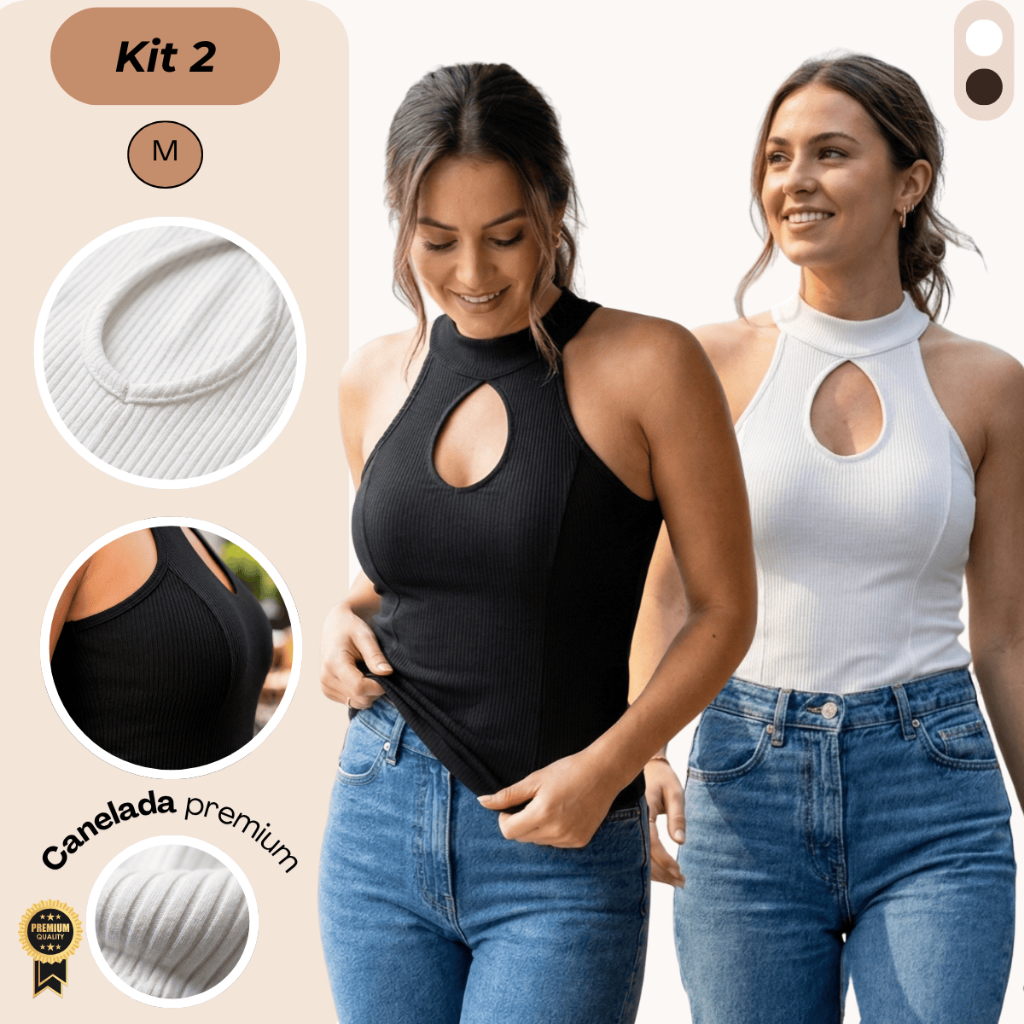 Kit 2 Blusa Feminina Estilosa Top Cropped Feminino Gola Alta C/Bojo Decote Gota Tecido Premium