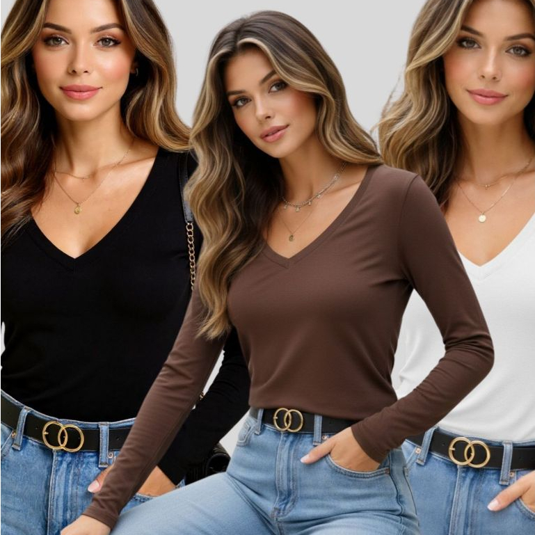 Kit 3 Blusas Feminina Gola V longa Básica.