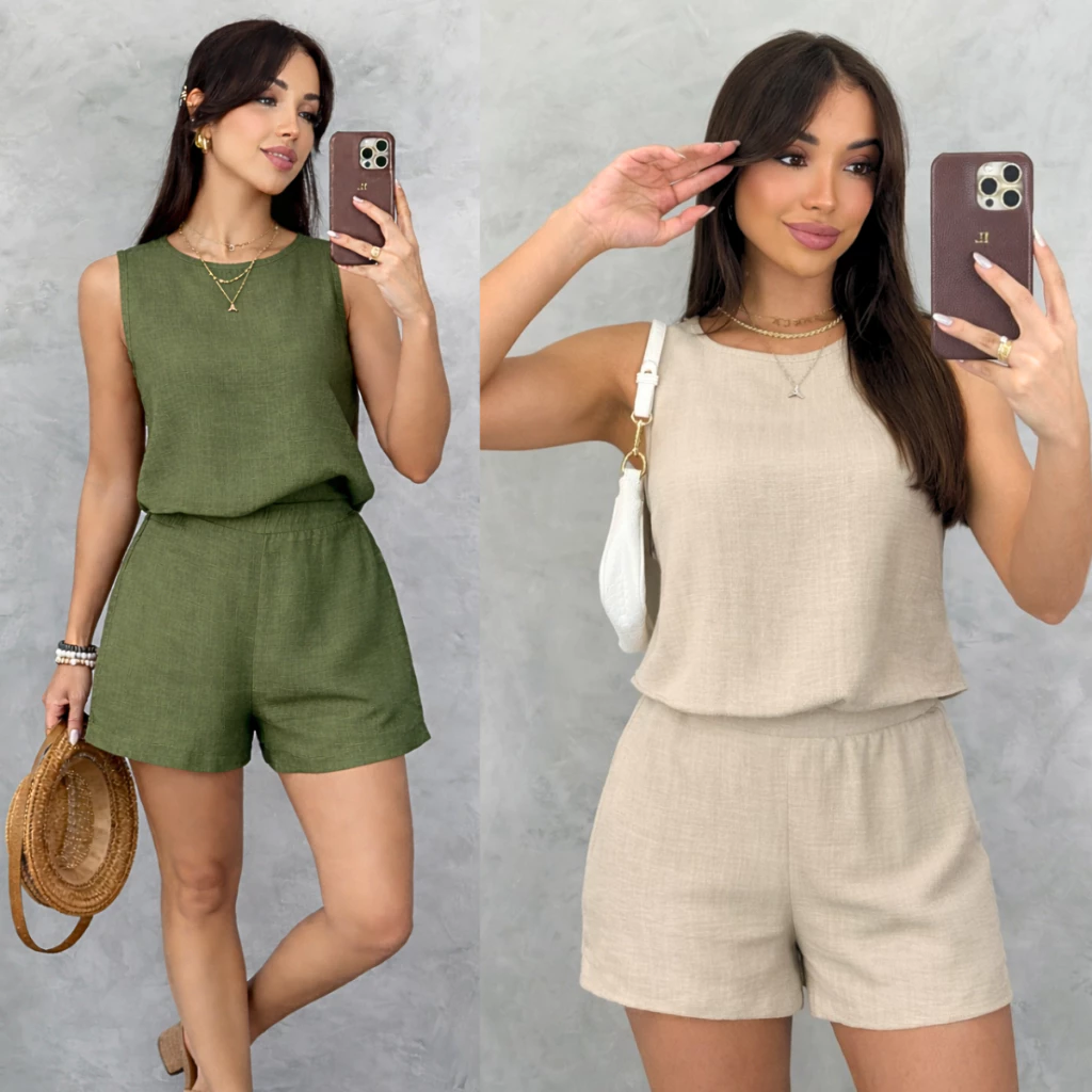 Conjunto Vick Linho Feminino Curto Regata e Short com Elástico Slim e Plus Size Casual Elegante Moda Blogueira Tendência — imagem 1