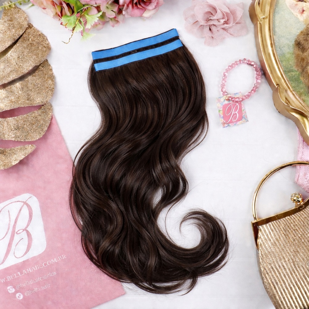 APLIQUE MEGA HAIR ADESIVO INVISÍVEL MECHA LATERAL  - 2 TELAS FIBRA EUROPEIA LISO ONDULADO CACHEADO