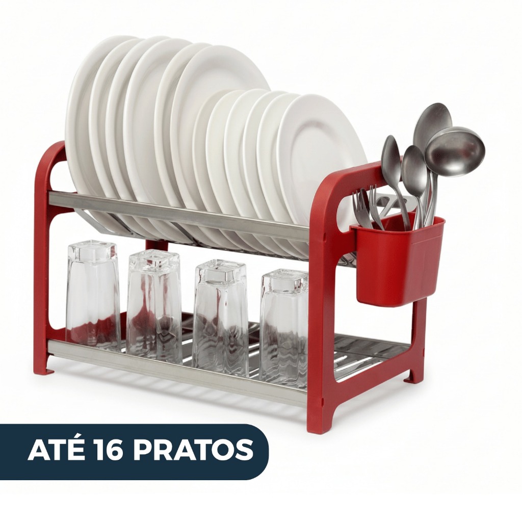 Escorredor de Louça 16 Pratos Vermelho Inox com Porta Talheres