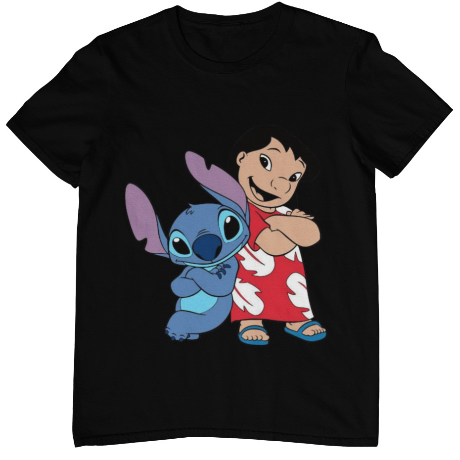 Camiseta Slim Feminina Camisa Estampa Lilo e Stitch Desenho Animado Infantil Preta 100% Algodão Confortavel