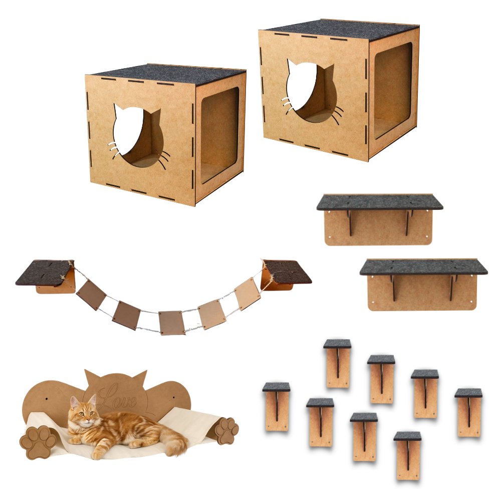 Playground Gatos Kits 16 peças Nicho Rede Descanso Brinquedo Ponte Degraus Prateleiras Parede Mdf