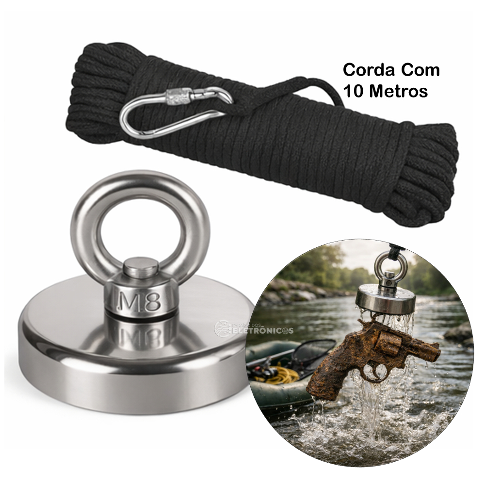 Kit Ímã Magnético 130kg Para Pesca Com Corda 10 Metros Forte 60mm BOM5926
