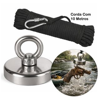 Kit Ímã Magnético 130kg Para Pesca Com Corda 10 Metros Forte 60mm BOM5926