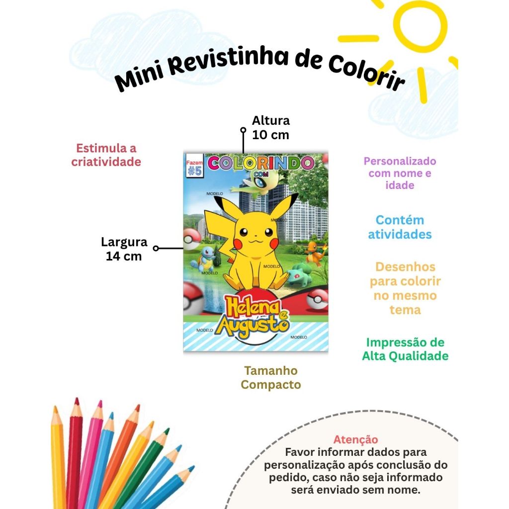 Mini Livrinho de Colorir com Atividades Pokemon Personalizado Lembrancinha de Aniversário Infantil - Todos os Temas