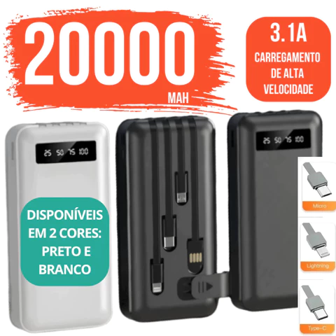 Bateria Portátil 20000mAh com 4 Cabos e suporte Power Bank Durável para Viagens e Dia a Dia