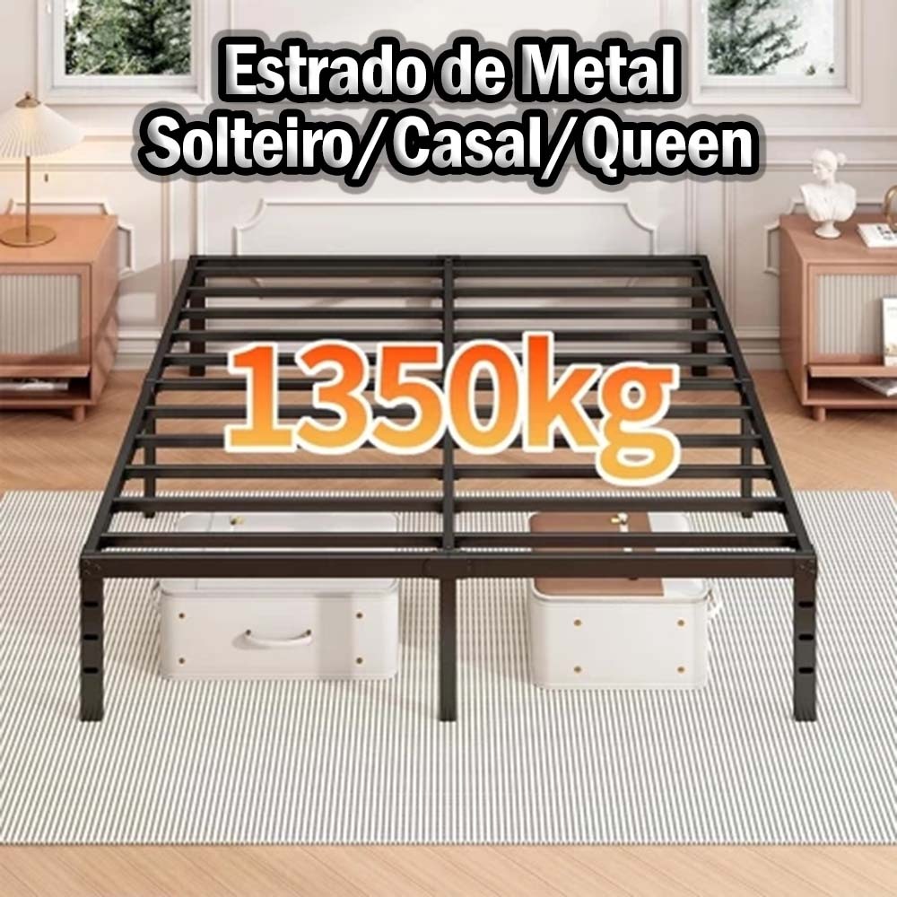 Estrado de Metal Dobrável para Cama Solteiro/Casal/Queen, Fácil Montagem com Ripas de Aço Reforçadas