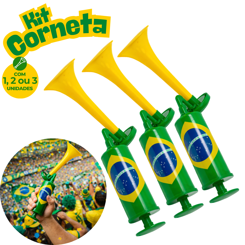 Kit Corneta Buzina Ar Vuvuzela Apito Bandeira Cachecol Para Torcedor Copa Do Mundo De Futebol Brasil