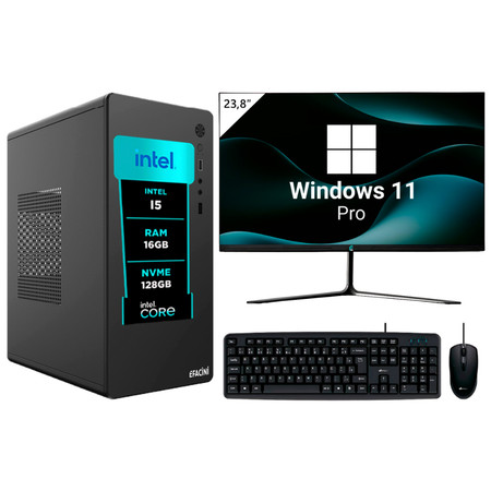 Computador Pc Completo Intel Core i5, 16GB, Windows 11 Pro, Monitor 24'', Ssd eFacini 128gb Wi-Fi 6, Bluetooth 5.3
