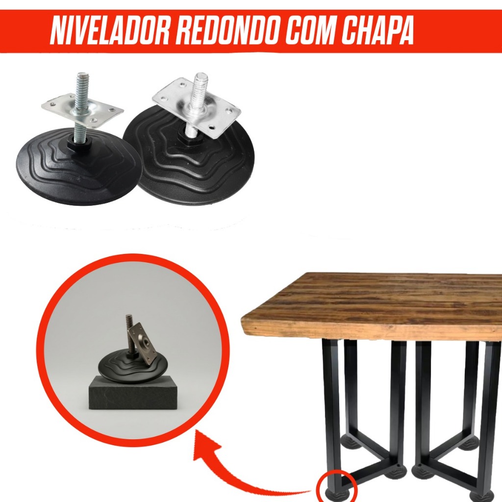 KIT 2/4/6/8/10 Nivelador de Bancada Industrial Preto Rosca com Chapa Suporte de Alta Carga