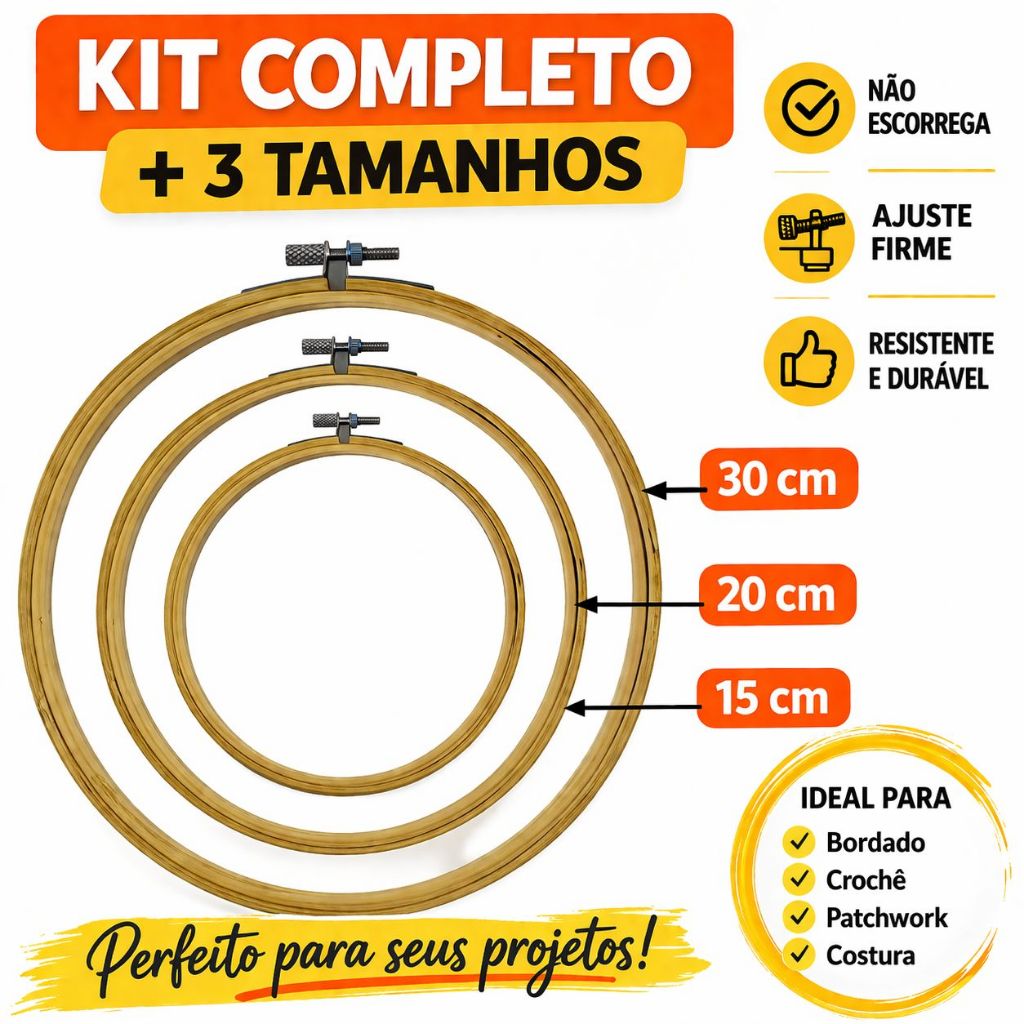 Kit Bastidor Bambu 3 Unidades 15 20 30cm completo Bordado Profissional Ajustável Não Escorrega Promoção