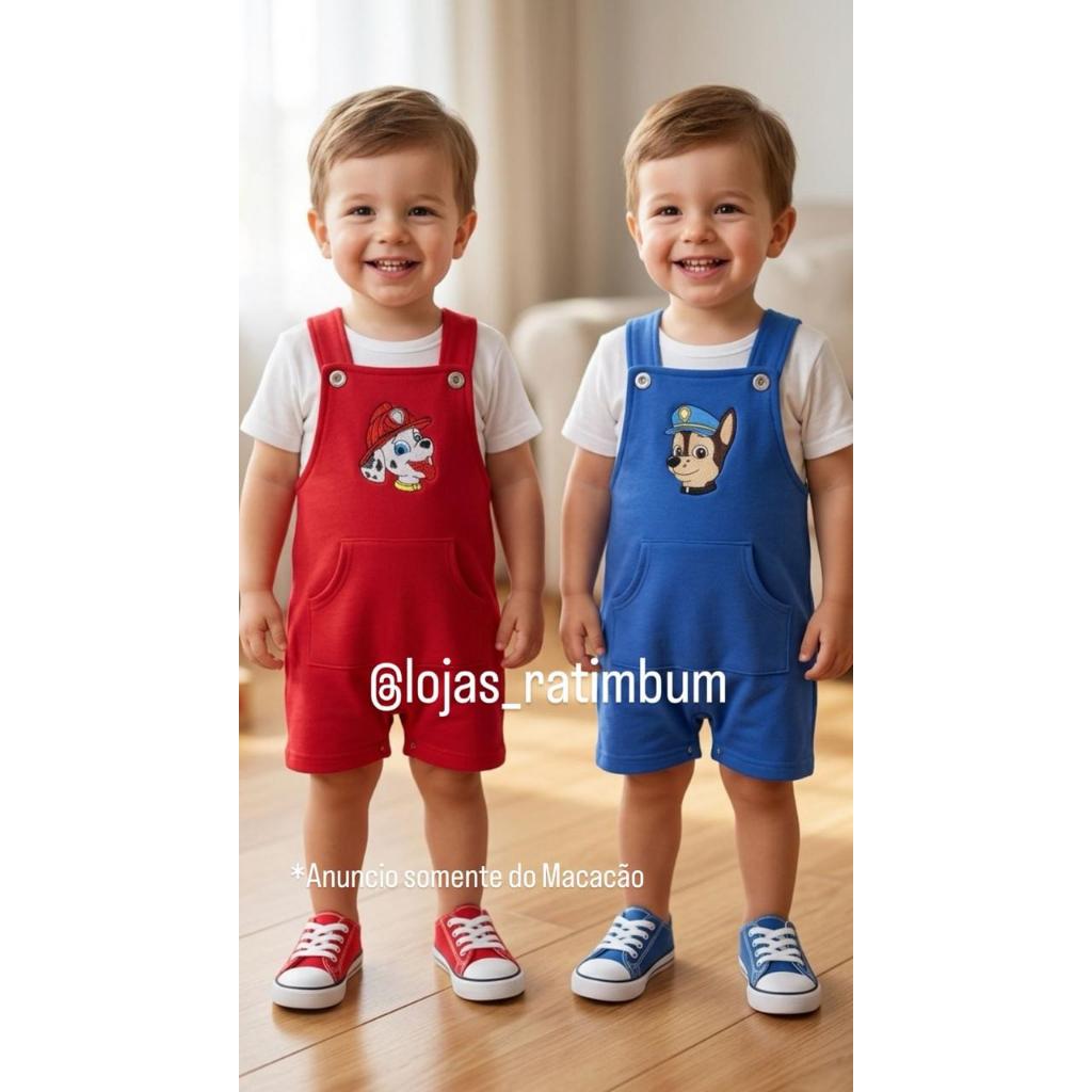 Macacão Jardineira Infantil Patrulha Canina Bordado Chase e Marshall - Roupa de Bebê Menino