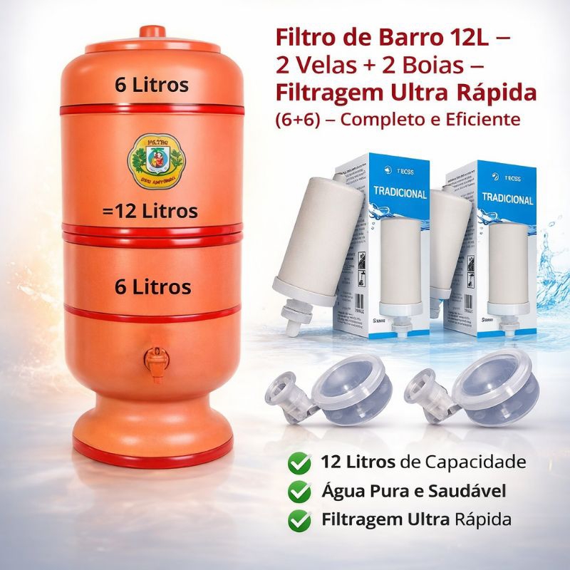 Filtro de Barro 12L – 2 Velas + 2 Boias – Filtragem Ultra Rápida (6+6) – Completo e Eficiente em Oferta na Shopee