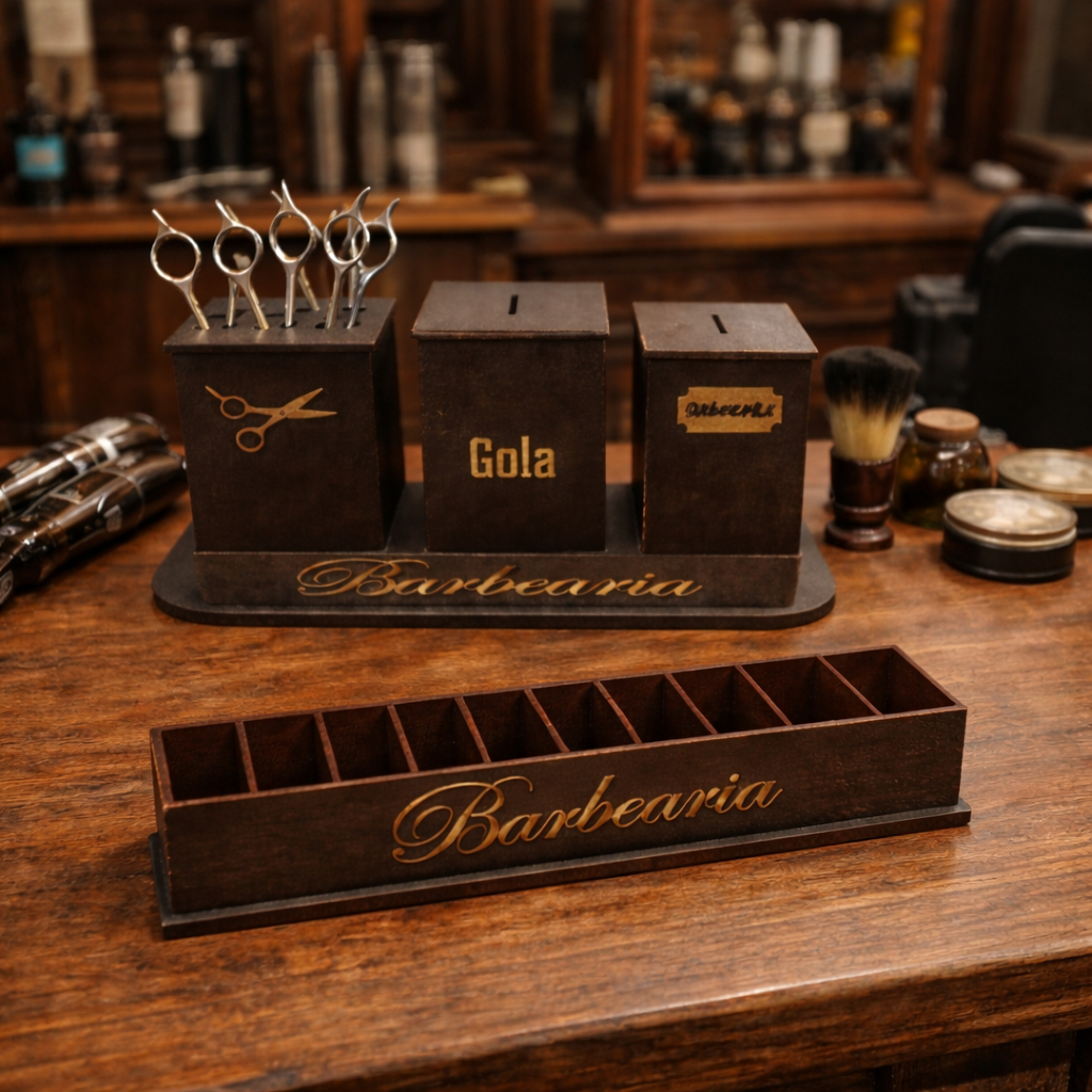 Kit Barbearia MDF Porta Pentes Porta Tesoura Descarte Lâminas Gola
