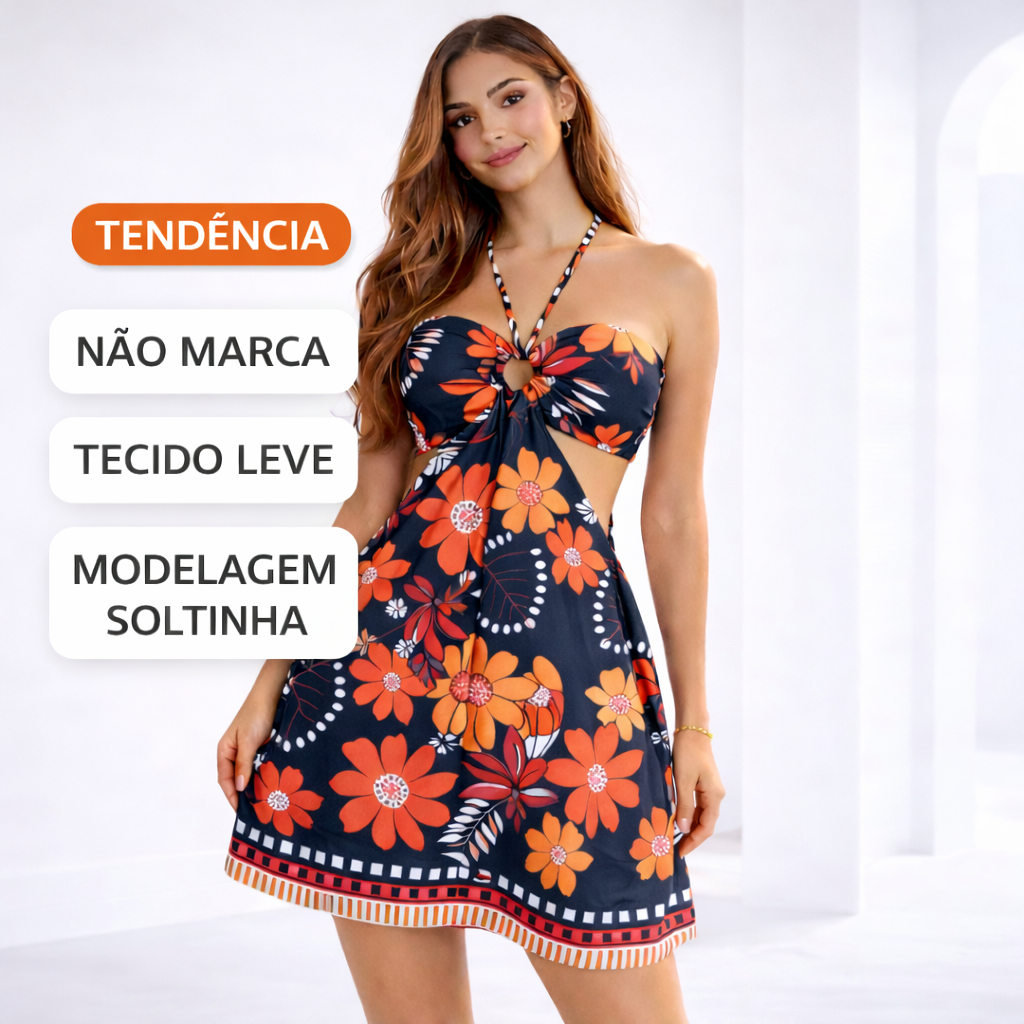 Vestido Curto Floral Halter Feminino Soltinho Leve Não Marca Verão Estampado Tendência