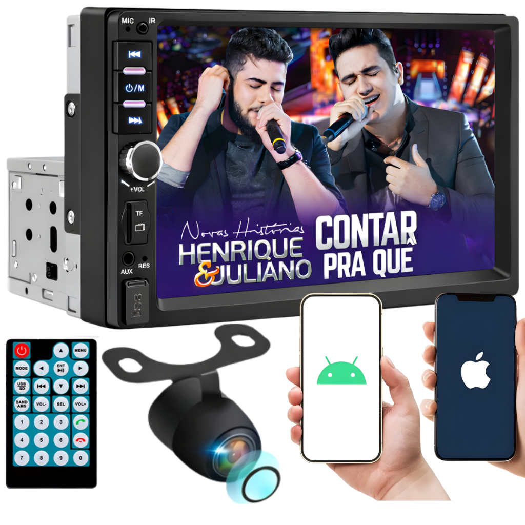 Central Multimídia 7" + Camera de Ré 1 Din Mp5 Touch Screen Bluetooth Usb Android Ios Universal