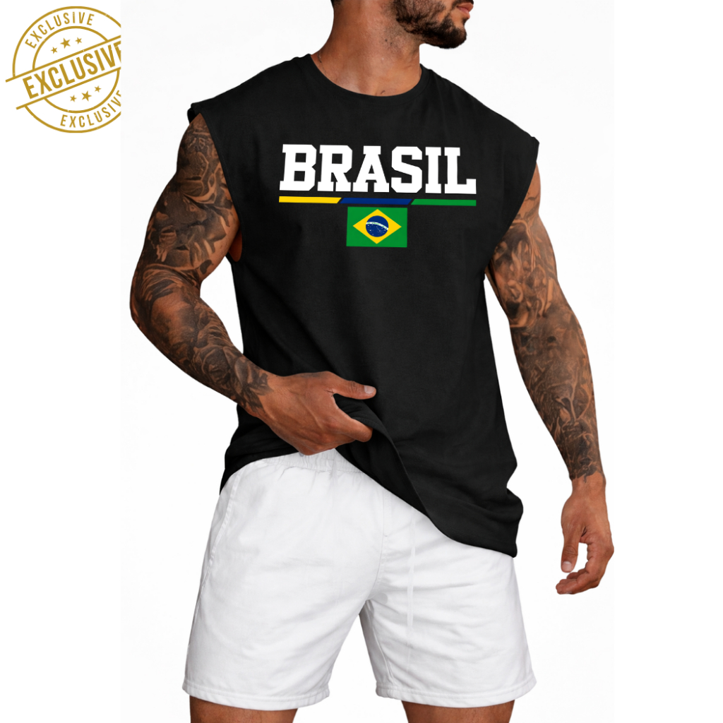 Camiseta Regata Estampada Brasil Linha Bandeira Streetwear Masculina Academia Treino Casual 2026