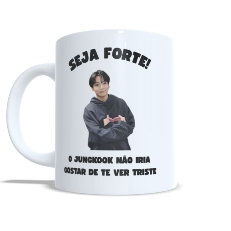 Caneca BTS Integrantes c/ Frase Seja Forte e Autógrafo Porcelana Café Chá