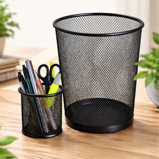 Lixeira 10L e Porta Caneta Metal Telado Preto Organizador Escritório Moderno Resistente