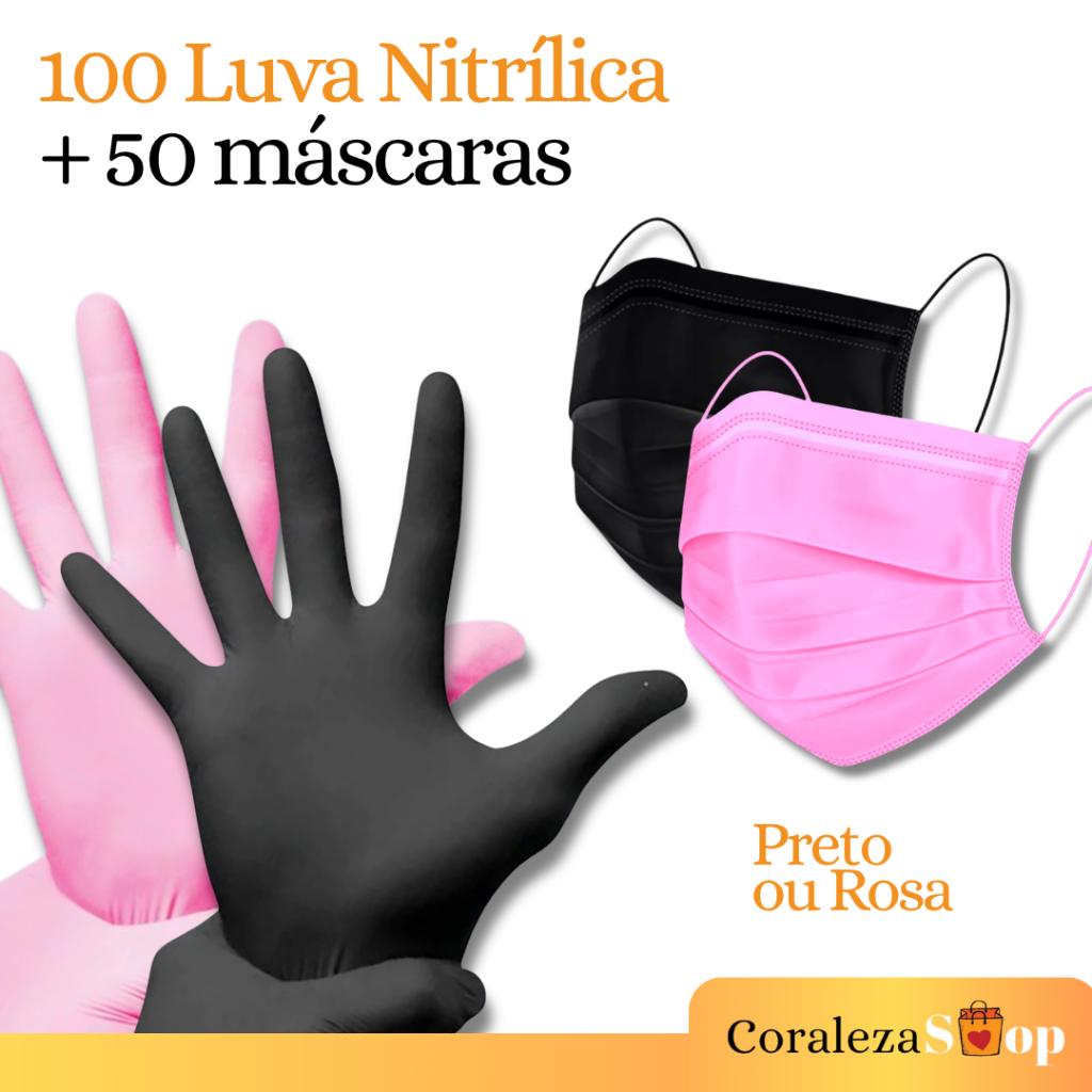 Kit 100 Luva Nitrílica Tam. P, M ou G + 50 Máscara Descartável | PRETO OU ROSA em Oferta na Shopee