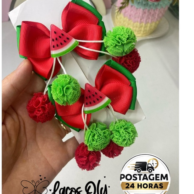 Laços de Cabelo Melancia com Pompom – Par Baby Infantil Menina