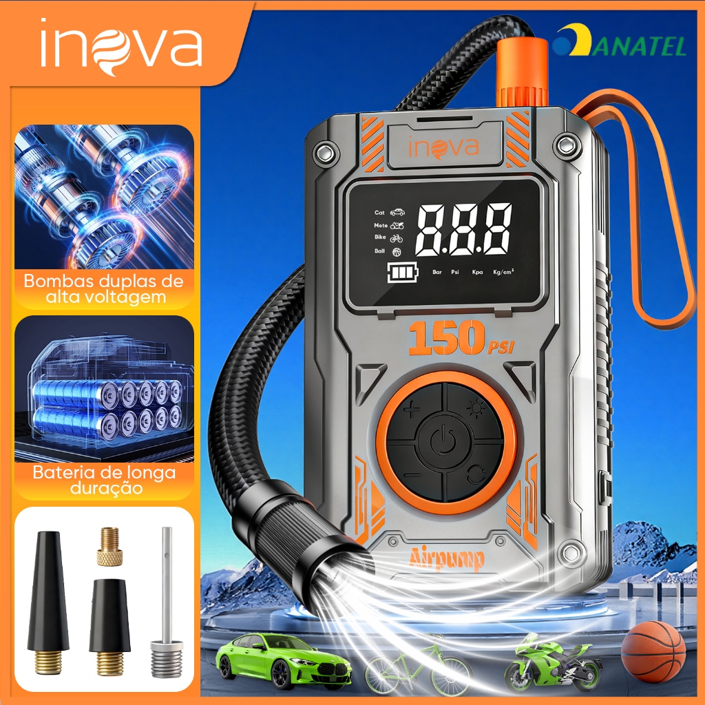 INOVA Bomba de Ar Portatil Compressor Com PowerBank 3kmah Bateria Calibrador de Carro Auto Pneu Bomba de ar para carro em Oferta na Shopee