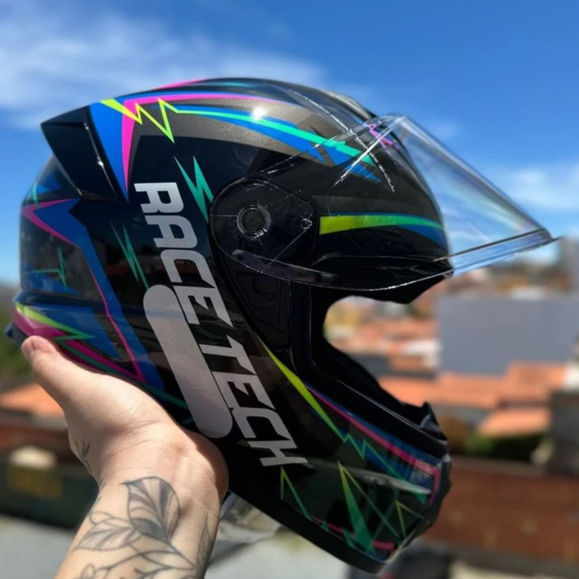 CAPACETE BARATO RACE TECH HIT MOTOBOY SPARK VERDE CINZA + NARIGUEIRA + VISEIRA CRISTAL