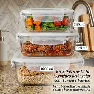 Kit 3 Potes de Vidro Hermetico 3 Tamanhos 360ml/570ml/1000ml Retangular