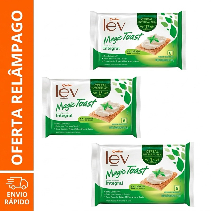 Torrada Integral Marilan Lev Magic Toast 110g - Kit 3 Unidades - Baixa Caloria Dieta Fitness
