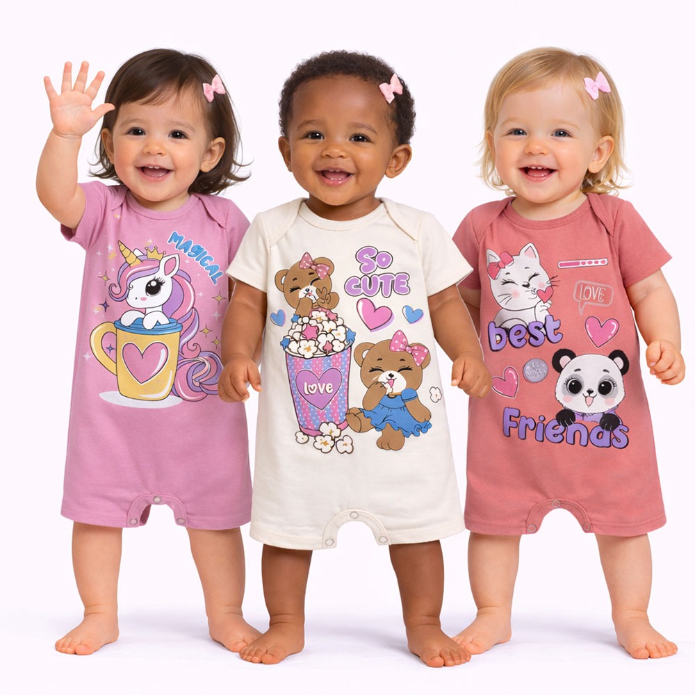 Kit 3 Peças Macacão Curto, Macaquinho Menina, Romper Bebê, Banho de Sol Verão