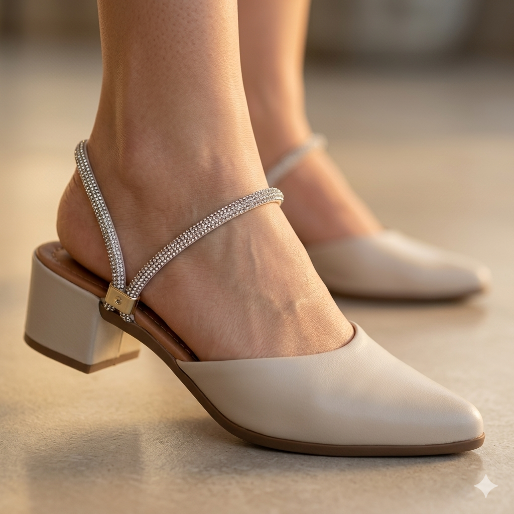Sapato Feminino Scarpin Sapatilha Bico Fino Traseiro Strass Aberta Salto Luxo Formal Confortável