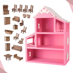 Casa Boneca Polly Mdf Pintada Rosa + Kit 20 Mini Móveis MONTADO - 40cm