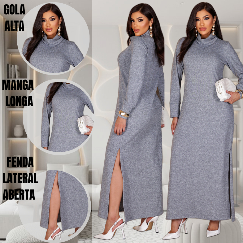 Vestido Feminino Inverno Longo Quentinho Gola Alta Elegante Manga Comprida Fenda Laterais