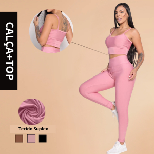 Conjunto Feminino de Academia Calça Legging + Top com Alta Compressão Zero Transparência Cintura Alta