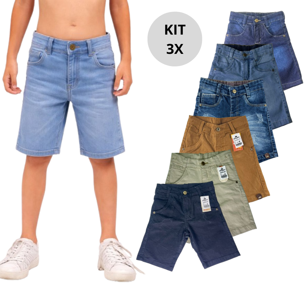 Kit 3 Bermudas Jeans e Sarja Brim Infantil e Juvenil Menino,  Conforto, estilo e Alta Durabilidade