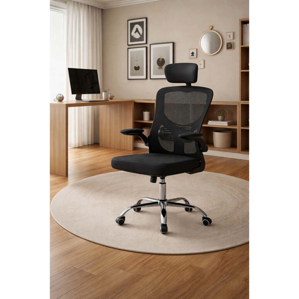 Cadeira Escritório Ergonômica Presidente Executiva Escritório com Apoio de Lombar Cabeça Ajustável Regulável Preto Mesh