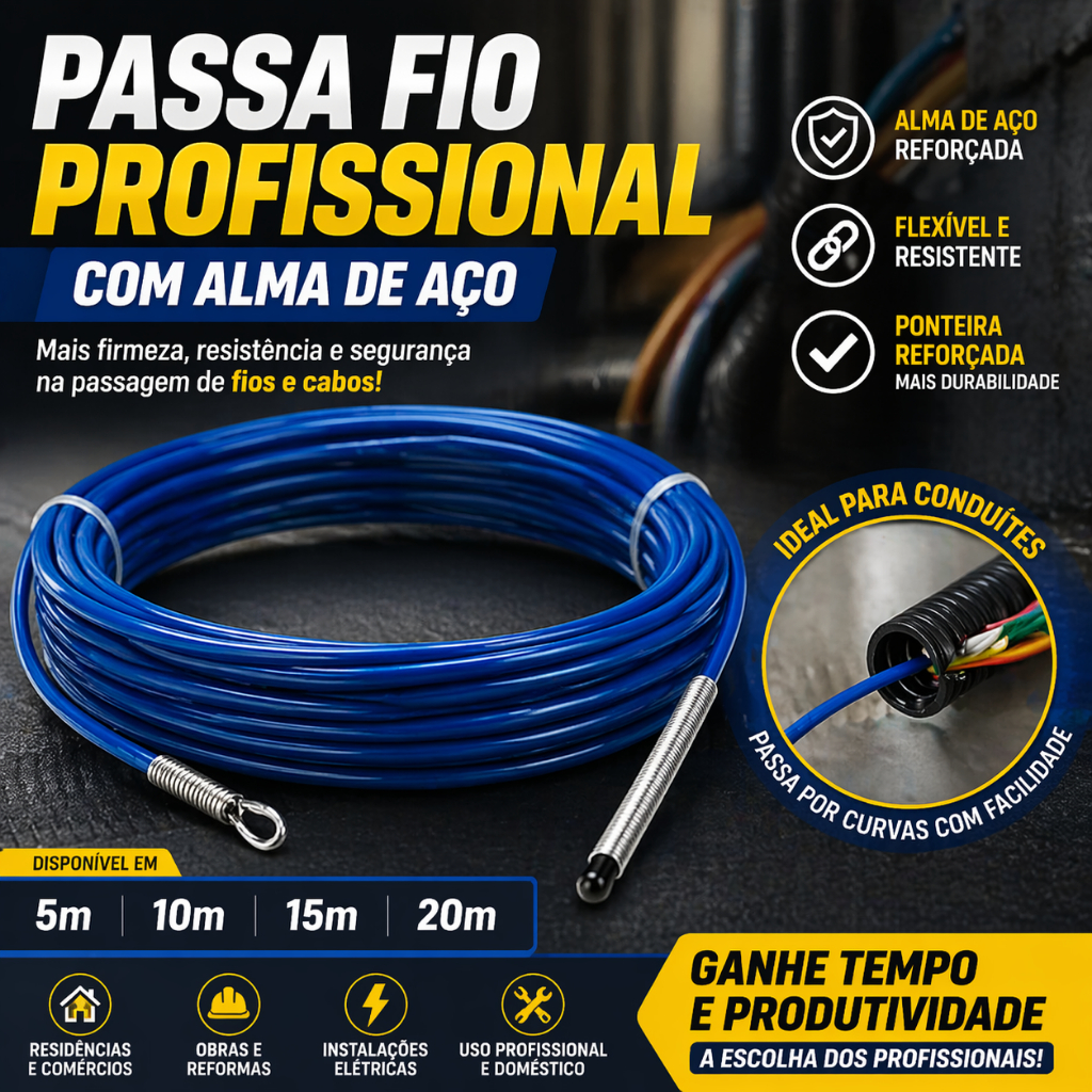 Passa Fio Alma de Aço Profissional 10m 15m 20m Guia Puxa Cabo Conduíte Eletricista