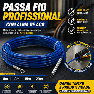 Passa Fio Alma de Aço Profissional 10m 15m 20m Guia Puxa Cabo Conduíte Eletricista