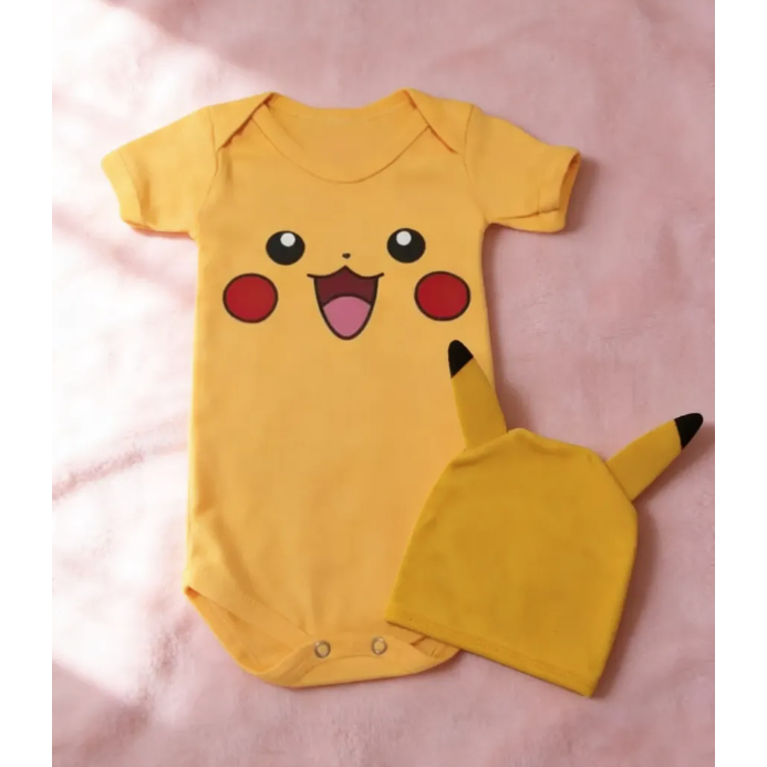 Body Bodie Bory Bebês Pikachu Pokemon + Touca Pikachu Turma Pokemon para Mesversarios Fantasia Fotos