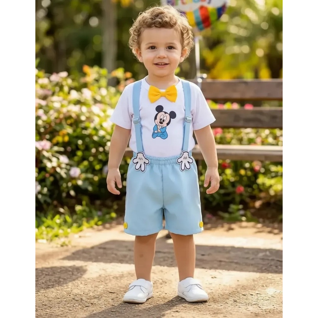 Conjunto Infantil De Bebê Menino Roupa Festa Aniversário Temático Baby Mickey Azul Camiseta, Short e Suspensório