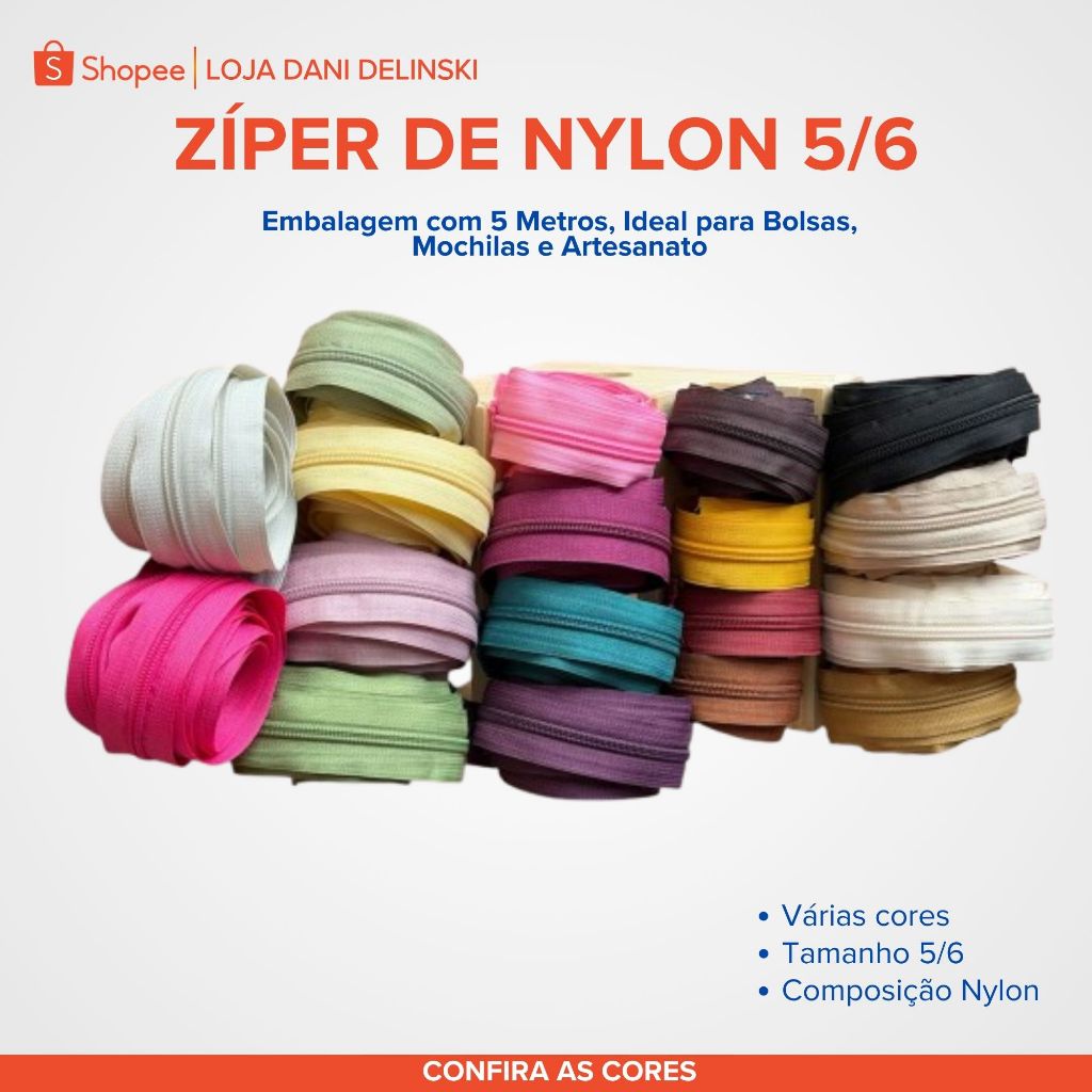 Zíper de Nylon Nº 5/6 Reforçado – Embalagem com 5 Metros, Ideal para Bolsas, Mochilas e Artesanato