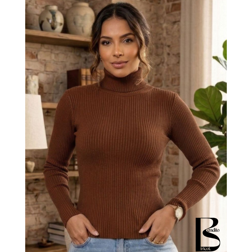 Blusa Cacharrel Feminina Tricot Gola Alta Manga Longa Canelado Tricô Moda Inverno