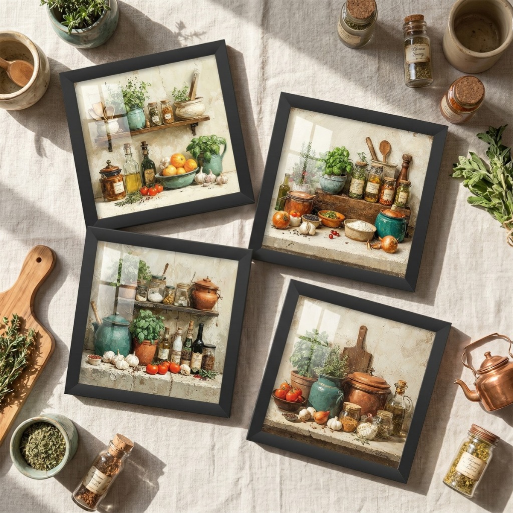 Kit 4 Quadros Decorativos 18x18 Cozinha Vintage Gastronomia Rústico Moldura Vidro Sala Jantar Café
