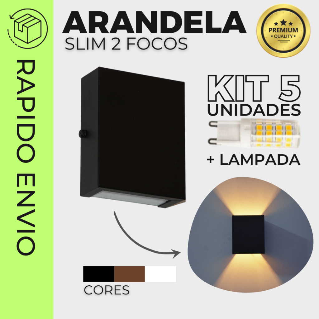 Kit 5 Arandelas Slim 2 focos com lampada parede muro interno externo